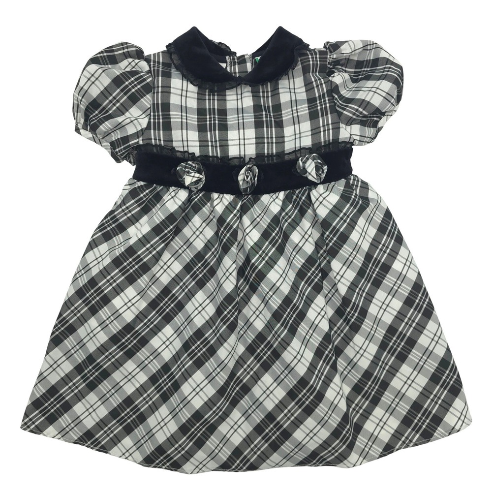 Vintage Little Bitty Girls Plaid Velvet Trim Dress Vintage Black White 18M